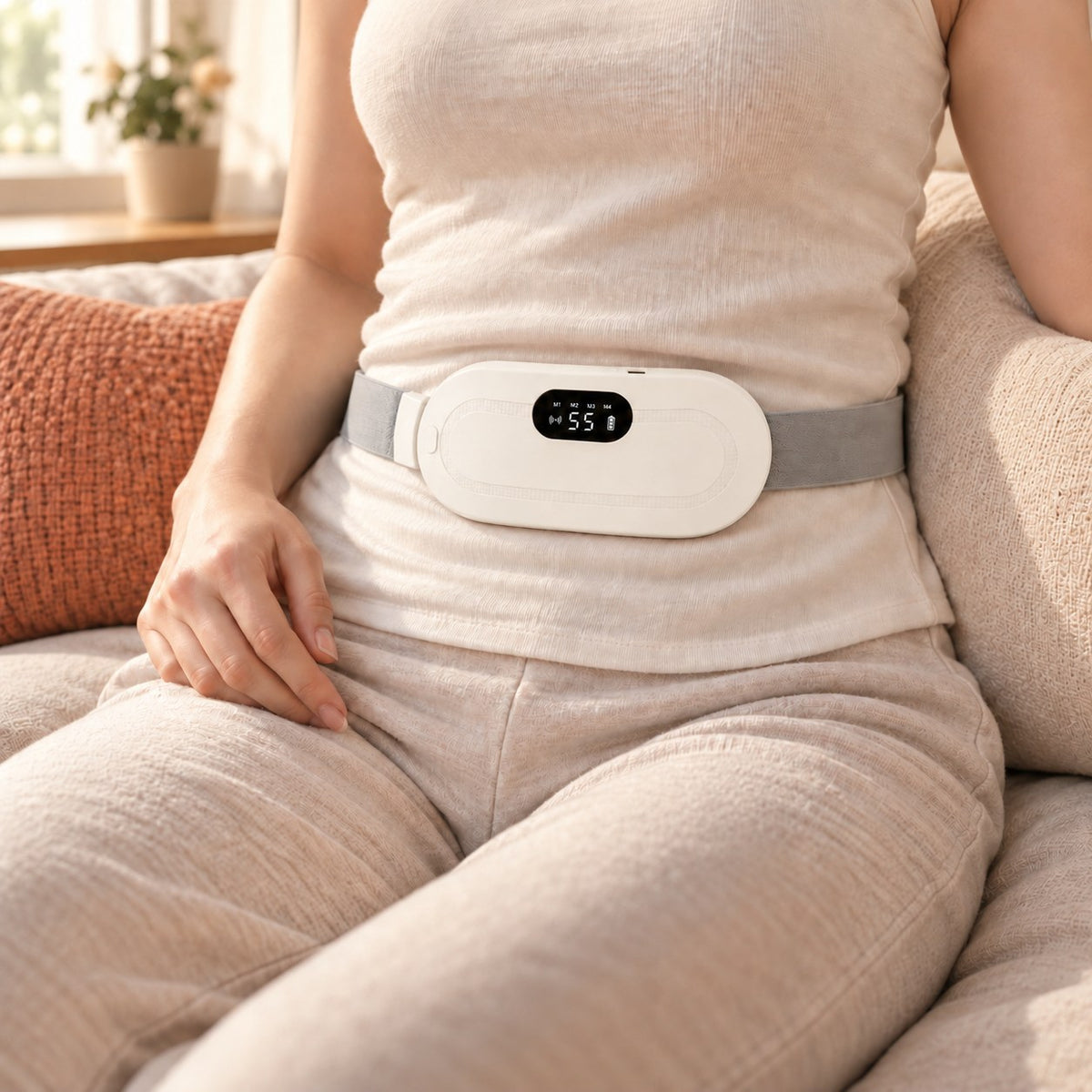 Femme assise sur un canapé portant la ceinture chauffante CHALYNE blanche sur le bas-ventre