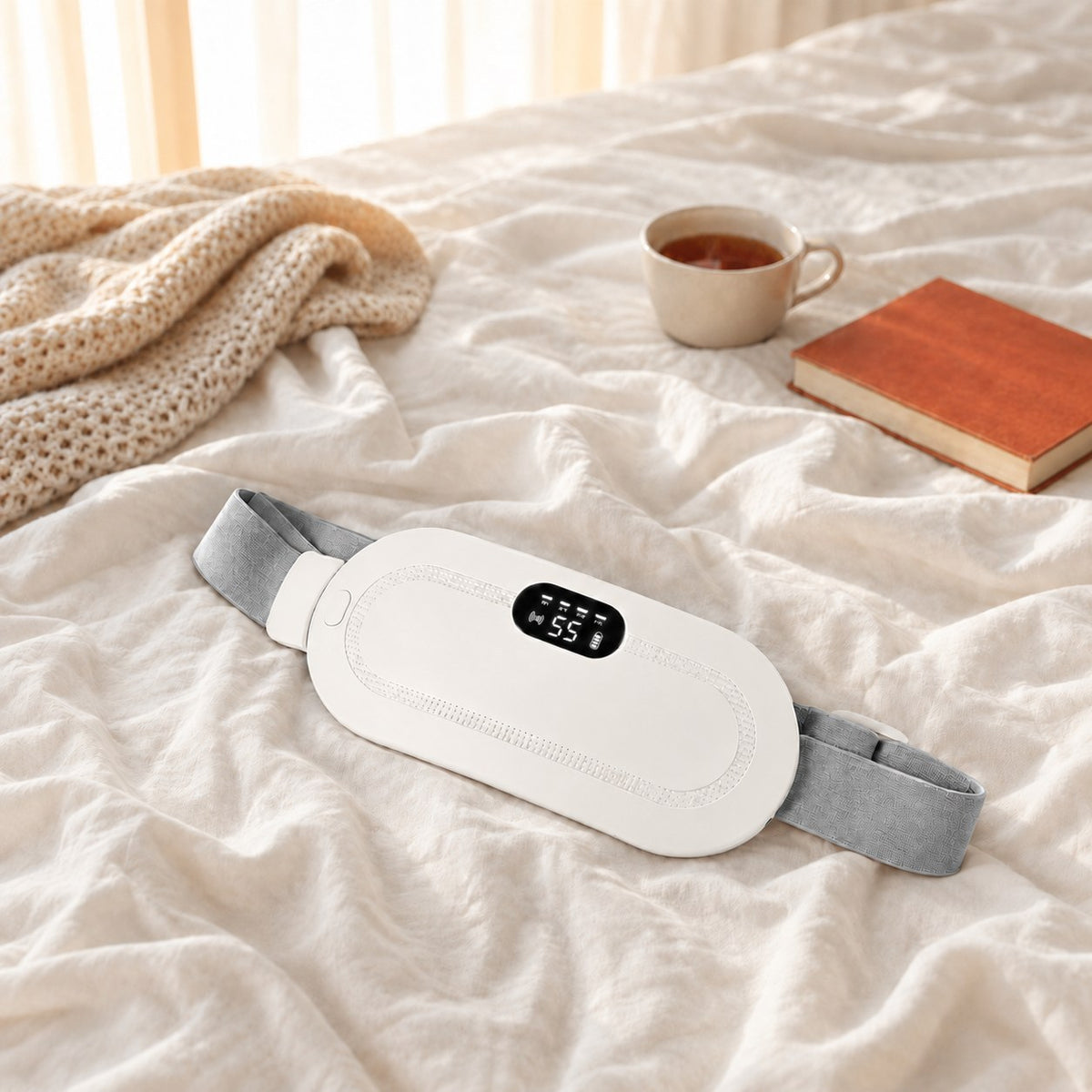 Ceinture chauffante CHALYNE blanche posée sur un lit aux draps clairs, à côté d'une tasse et d'un livre