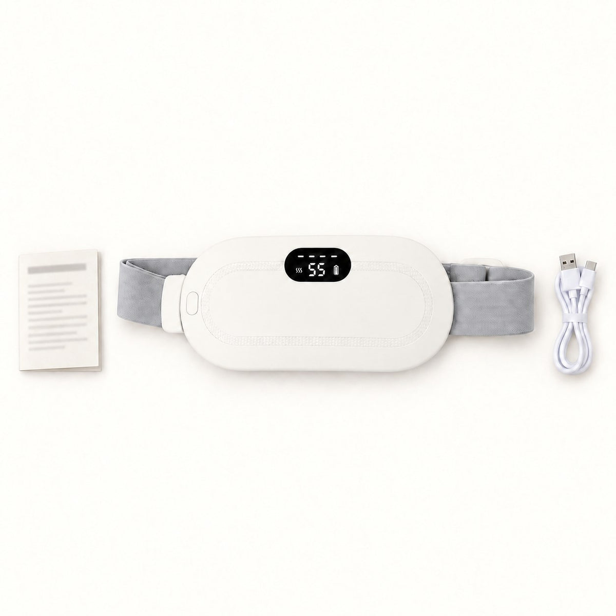 Contenu de la boîte CHALYNE blanche : ceinture chauffante, câble de charge USB-C et notice