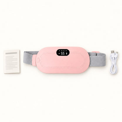 Contenu de la boîte CHALYNE rose : ceinture chauffante, câble de charge USB-C et notice