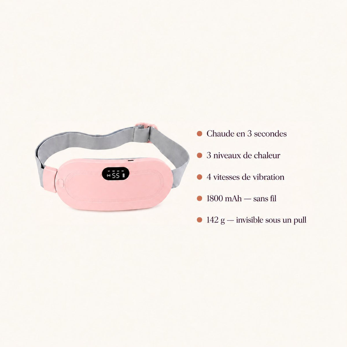 Caractéristiques de la ceinture chauffante CHALYNE rose : chauffe rapide, niveaux de chaleur, vibration, batterie et poids