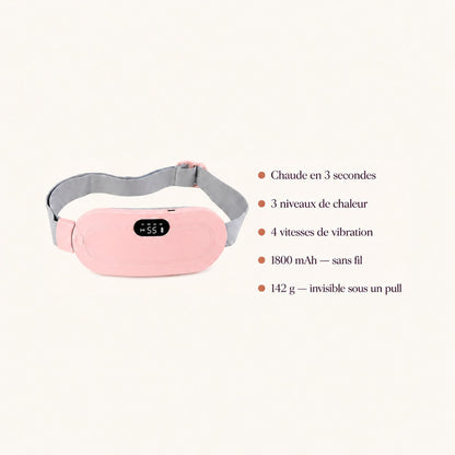 Caractéristiques de la ceinture chauffante CHALYNE rose : chauffe rapide, niveaux de chaleur, vibration, batterie et poids
